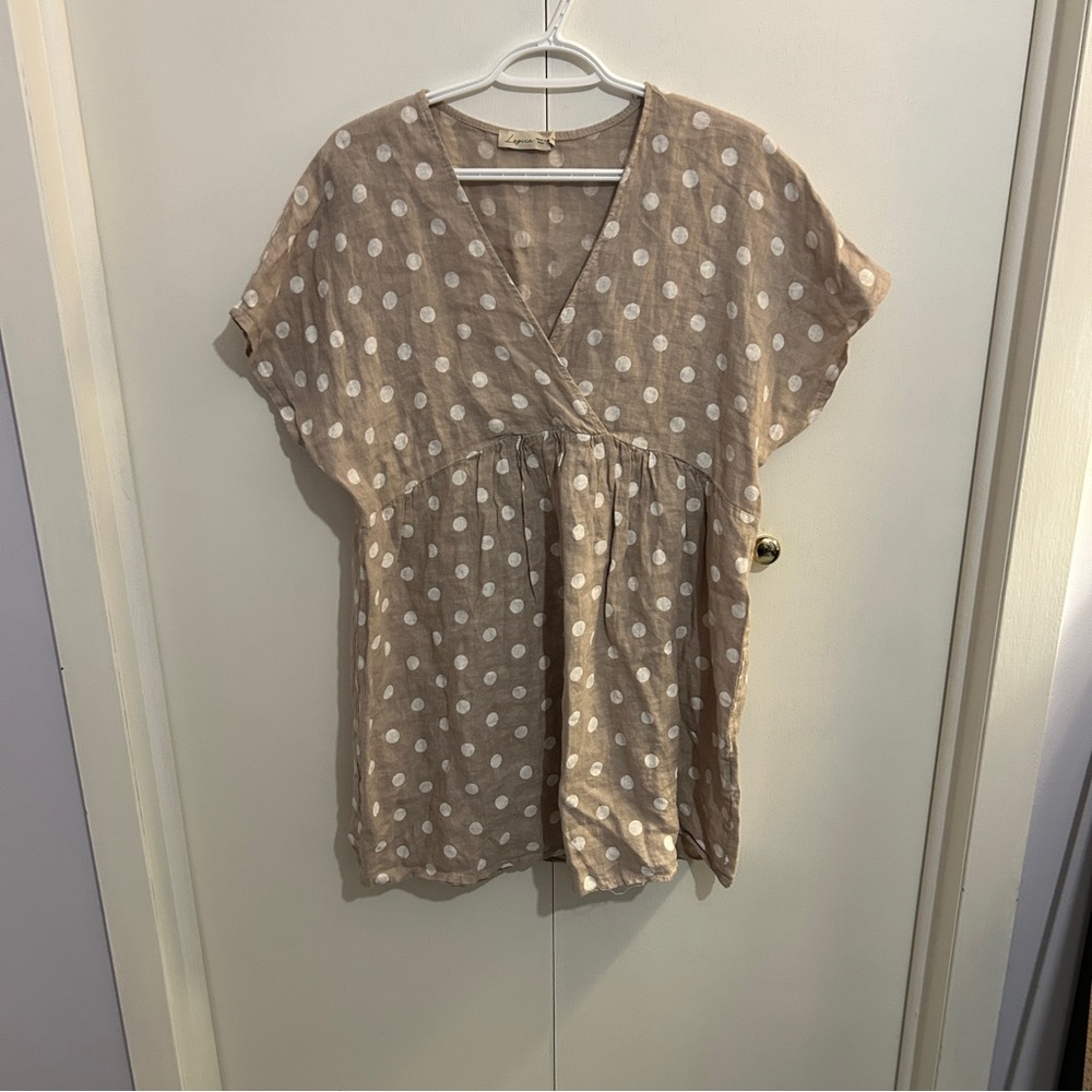 Logica Tan and Cream Linen Short Sleeve Wrap Blouse Size Large